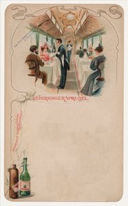Dining car on a train, advertisement for Ueberkinger Sprudel table water by German School