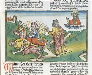 Exodus 9:8-12 The Seven Plagues of Egypt: Moses and the plague of boils, from the Nuremberg Bible