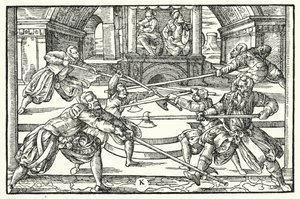 Fencing scene by German School