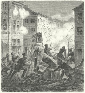 Fighting at a barricade in front of the Colln Town Hall, Berlin, Revolution of 1848 by German School