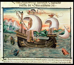 Galleon in full sail en route to Portugal, illustrated by the Coler family of Nuremburg by German School