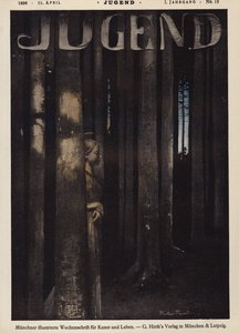 Girl walking in a forest at night by German School