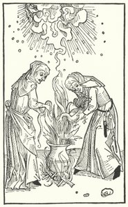 Illustration from a treatise by Ulrich Molitor about diviner women and witchcraft by German School