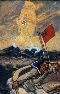 Illustration of German propaganda from the magazine Jugend during the 1st World War. An English sailor is terrorized by the appearance of a ghost ship flying the flag of the Reich. by German School