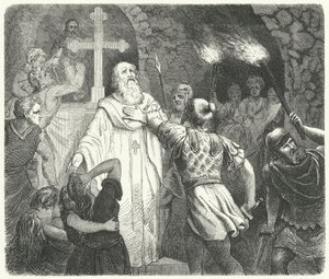 Interruption of a Christian service in the Roman catacombs