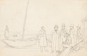 Lakeside scene with seven figures by German School