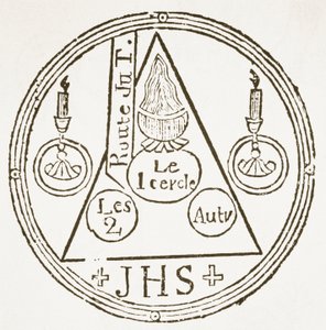 Magic Circle, copy of an illustration from Dreyfacher Hollenzwang by Dr Faustens, Passau 1407, Reproduced in Das Kolster Vol V, by J Scheible, 1845, used in a History of Magic, published late 19th century