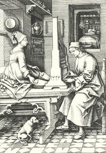 Musicians playing an organ in a country house in the 15th century by German School