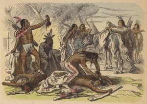 Native American Braves Taking the Scalps of Their Enemies (Coloured Engraving)