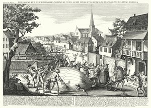 Peasants attacking the balloon of Jacques Charles and the Robert Brothers after it came down at Gonesse, 27 August 1783 by German School