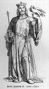 Portrait of Frederic II of Hohenstaufen, King of the Holy Roman Empire. Engraving in 