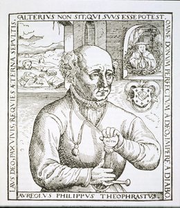 Portrait of Theothrastus Paracelsus, copy of an illustration from his book Astronomica et Astrologica Pouscula, Cologne 1567, used in a History of Magic, published late 19th century