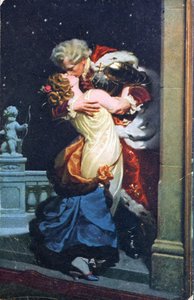 Postcard depicting an eighteenth century couple kissing