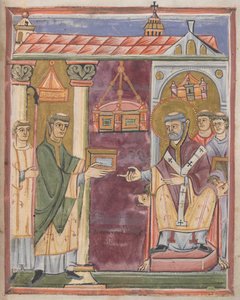 Priest presenting a book [to St. Augustine?] by German School