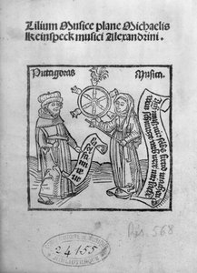 Pythagoras (c.580-500 BC) and Music, title page from Lilium Musicae by Michael Keinspeck, Augsburg, published in 1500