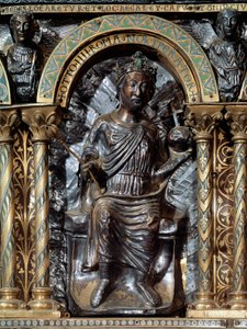 Sarcophagus of Charlemagne (742-814). Representation of Emperor Otto IV of Brunswick (c. 1175-1218). Germany. Palatine Chapel of the Cathedral of Aachen by German School