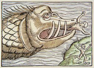 Sea monster consuming human victim
