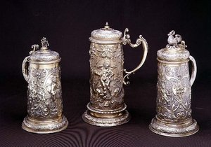 Silver gilt cylindrical tankard by Paul Hubner, Ausburg 1590; silver-gilt cylindrical tankard by Tobias Kramer, Ausburg 1620; parcel gilt cylindrical tankard by Paul Hubner, Ausburg 1590