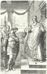St Ambrose barring the Roman Emperor Theodosius I from entering Milan Cathedral as punishment for the Massacre of Thessalonica, 390 (engraving) by German School