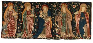 Tapestry antependium depicting St Anne, the Virgin and Christ, and four female saints