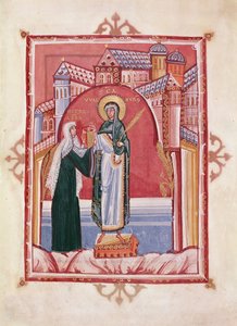 The Abbess Hilda offering the gospel to St. Walburga