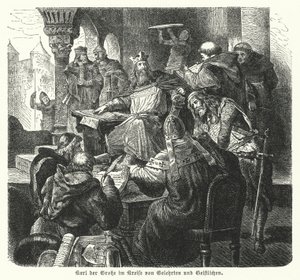 The Emperor Charlemagne surrounded by scholars and members of the clergy