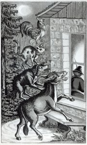 The Four animals shouting at the window, illustration for The Musicians of Bremen Town, tale by the Brothers Grimm