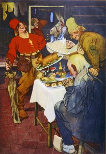 The Magic Table and the Golden Donkey, illustration of a fairytale by the Grimm Brothers by German School