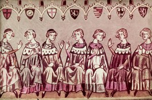The Seven Prince Electors electing Henry VII, Holy Roman Emperor, illustration from the Chronicle of Henry VII (Balduineum) 1341