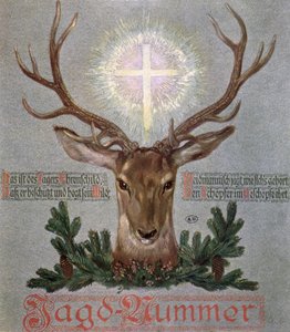 The Stag of St. Hubert (655-727), cover illustration from a hunting journal, 1908 by German School