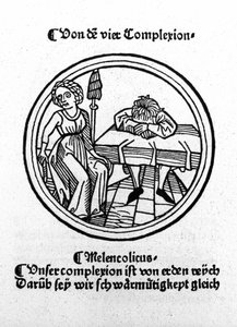 The four temperaments: melancholic (sad and depressed) (xylography, Augsburg 1480)