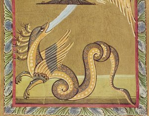 The seven headed dragon attempts to harm the woman by spewing out a torrent of water, facsimile of the Bamberg Apocalypse