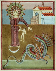 The woman clothed with the sun being attacked by the dragon with seven heads, facsimile of the Bamberg Apocalypse by German School
