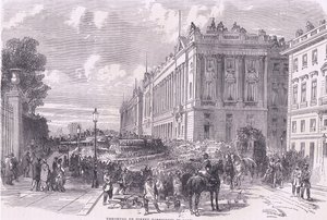 Throwing up street barricades in Paris, Cassells History of the War between France and Germany published by Cassell and Company Limited, c.1890 by German School