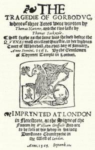 Title Page of the First Edition of The Tragedie of Gorboduc (1565), by Thomas Norton and Thomas Sackville (engraving) by German School