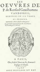 Title page of the first volume of the rare and very popular second edition of the works of Pierre de Ronsard, published in six volumes by the poet himself