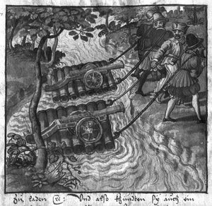 Transport of Guns and Cannons Crossing the River on Rafts, illustration from LArt de lArtillerie by Wolff de Senftenberg, late 16th century
