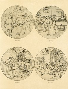 Twelve calendar images in a circular shape by German School