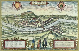 View of the city of Salzburg on the banks of the river Salzach with Honensalzburg castle in the background, from 