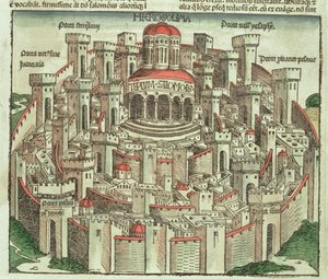 View of the walled city of Jerusalem showing the Temple of Solomon and the city gates by German School