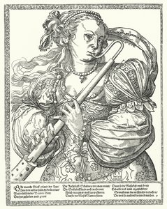 Woman playing a recorder (engraving) by German School