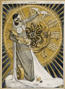 Woman with eyes strips holding a horn of abundance and advancing the hands of a clock (Allegory of Fortune) - in 