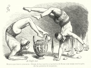 Women performing gymnastics in Ancient Greece: sword dance and filling a vessel using the feet by German School