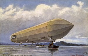 Zeppelin Airship Taking Off from a Lake by German School