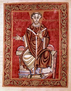 The Eveque Egbert de Treves Receives the Psalter from the Hands of the Monk Rudprecht (not represented here) (miniature) by German School
