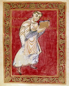 The Monk Ruodprecht Takes the Manuscript to the Archbishop Egbert of Trier. Miniature of the Codex of Egbert by the school of Reichenau. Cividale del Friuli, Museo Archeologico or Cathedral of Cividale