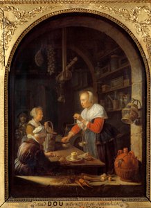 The grocer of the village (with the portrait of the painter in the background). Painting by Gerard Dou. 1647