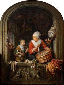 Woman Selling Herring and Girl in a Window by Gerrit Dou