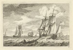 Brig and Other Ships on a Broad Waterway (Various Boats on the Waves) by Gerrit Groenewegen