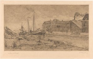 Moored barges near a factory by Gerrit Haverkamp (signed by artist)